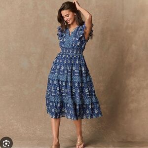 Sundance ‘Sechura’ Floral Ruffle Boho Midi Dress in Oceana Blue NEW